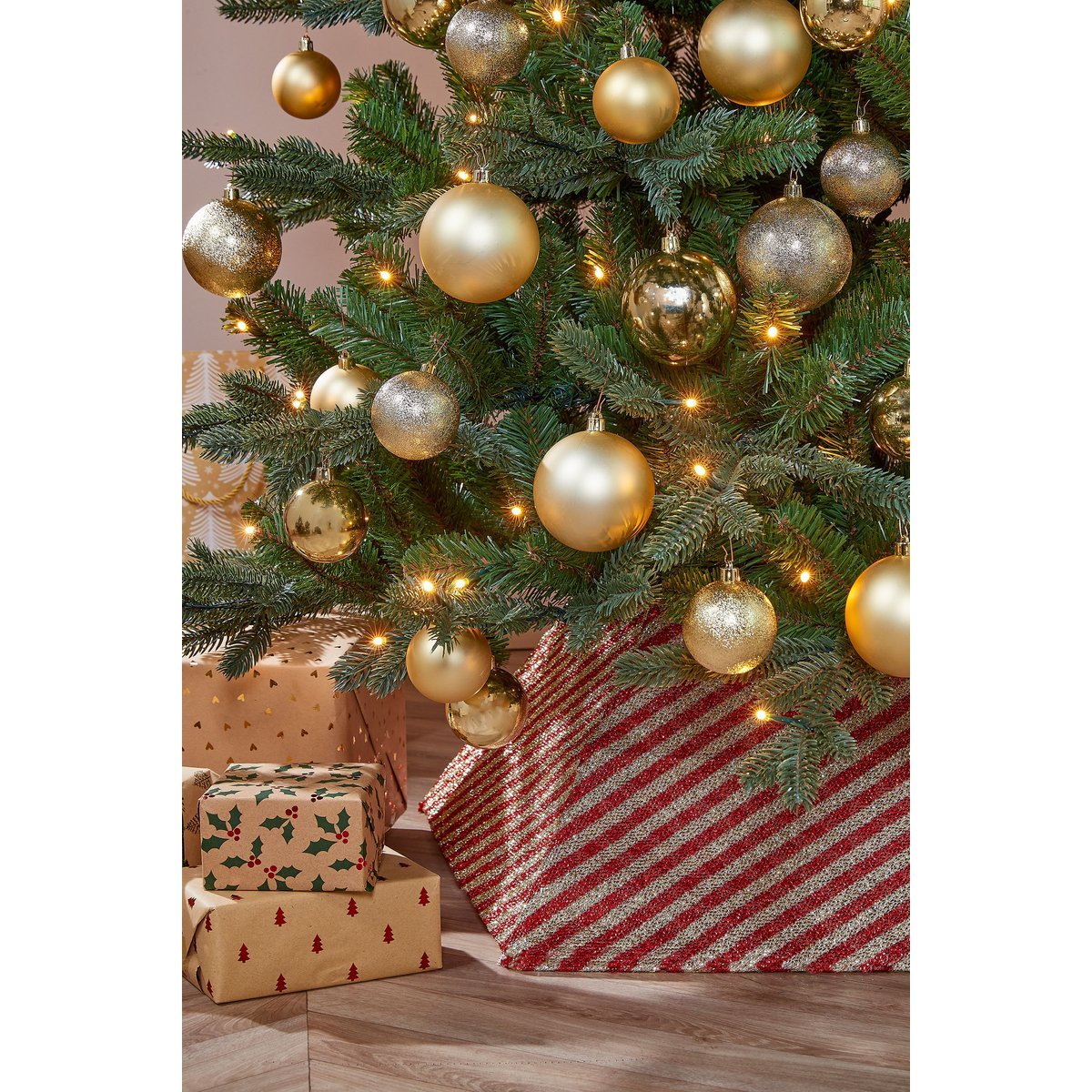 Kerstboomrok - L50 x B50 x H30 cm - Goud, Rood vierkant