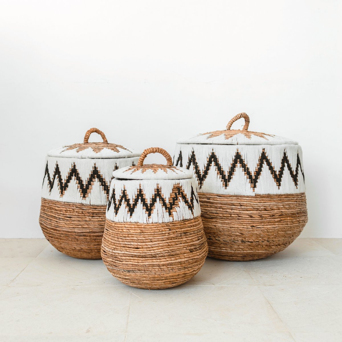 Wasmand met deksel – Boho Wasmand Rond PALEM (3 maten Ø33/43/55cm)