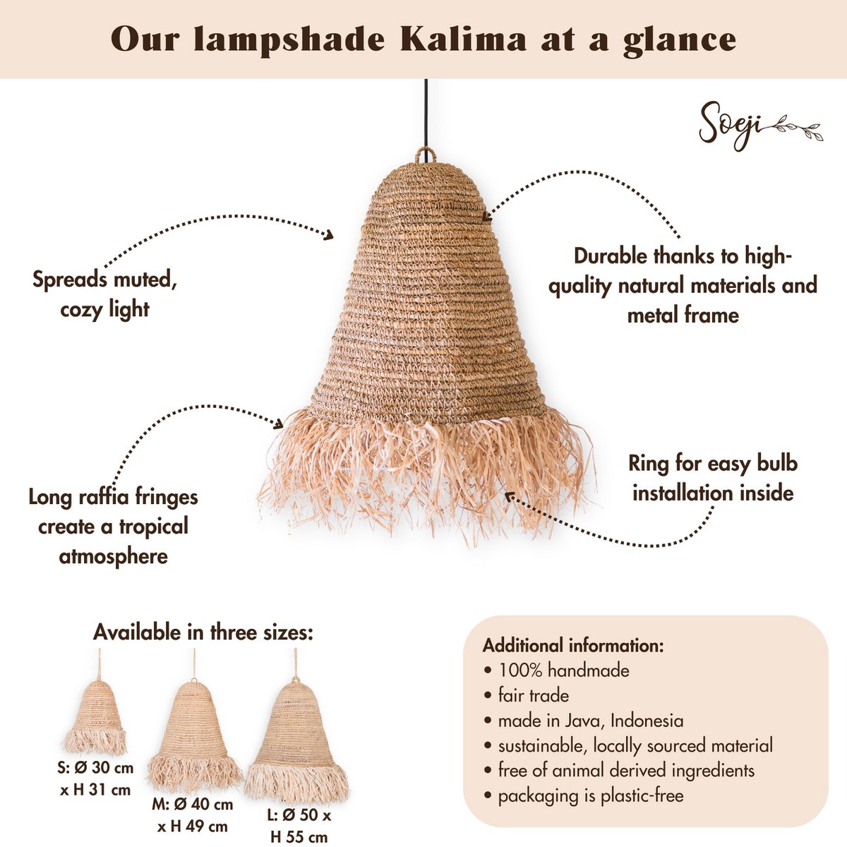 Raffia Boho Lampenkap – Hanglamp – Hanglamp – Handgeweven Plafondlamp met Lange Franjes (3 maten Ø 30/40/50 cm) KALIMA