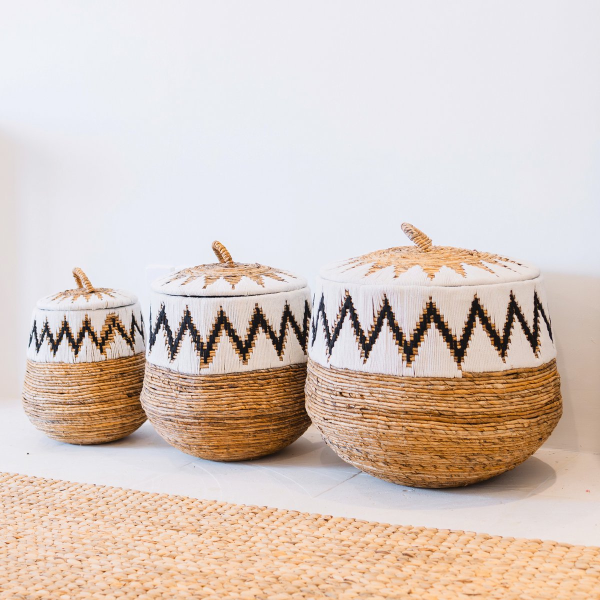 Wasmand met deksel – Boho Wasmand Rond PALEM (3 maten Ø33/43/55cm)