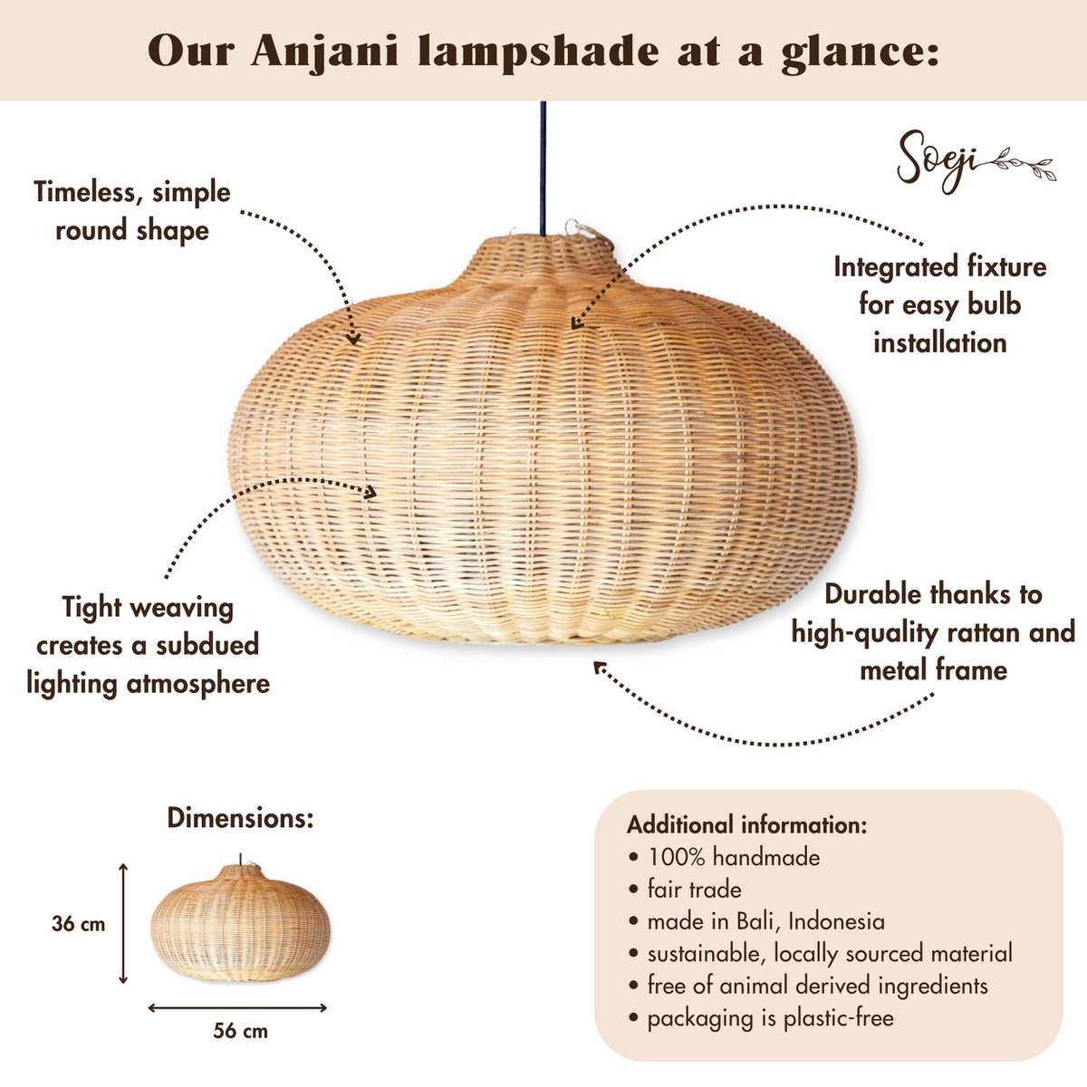 Rotan -lampenkap (Ø 56 cm) anjani