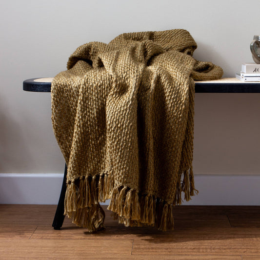 Morni geweven plaid met franjes, olijfgroen