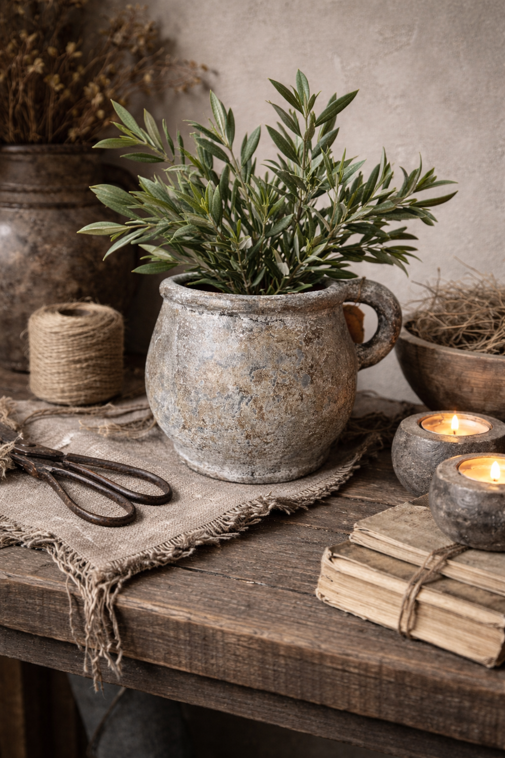 Vaas / pot in naturel grijs-crème met oor – landelijke rust en warmte