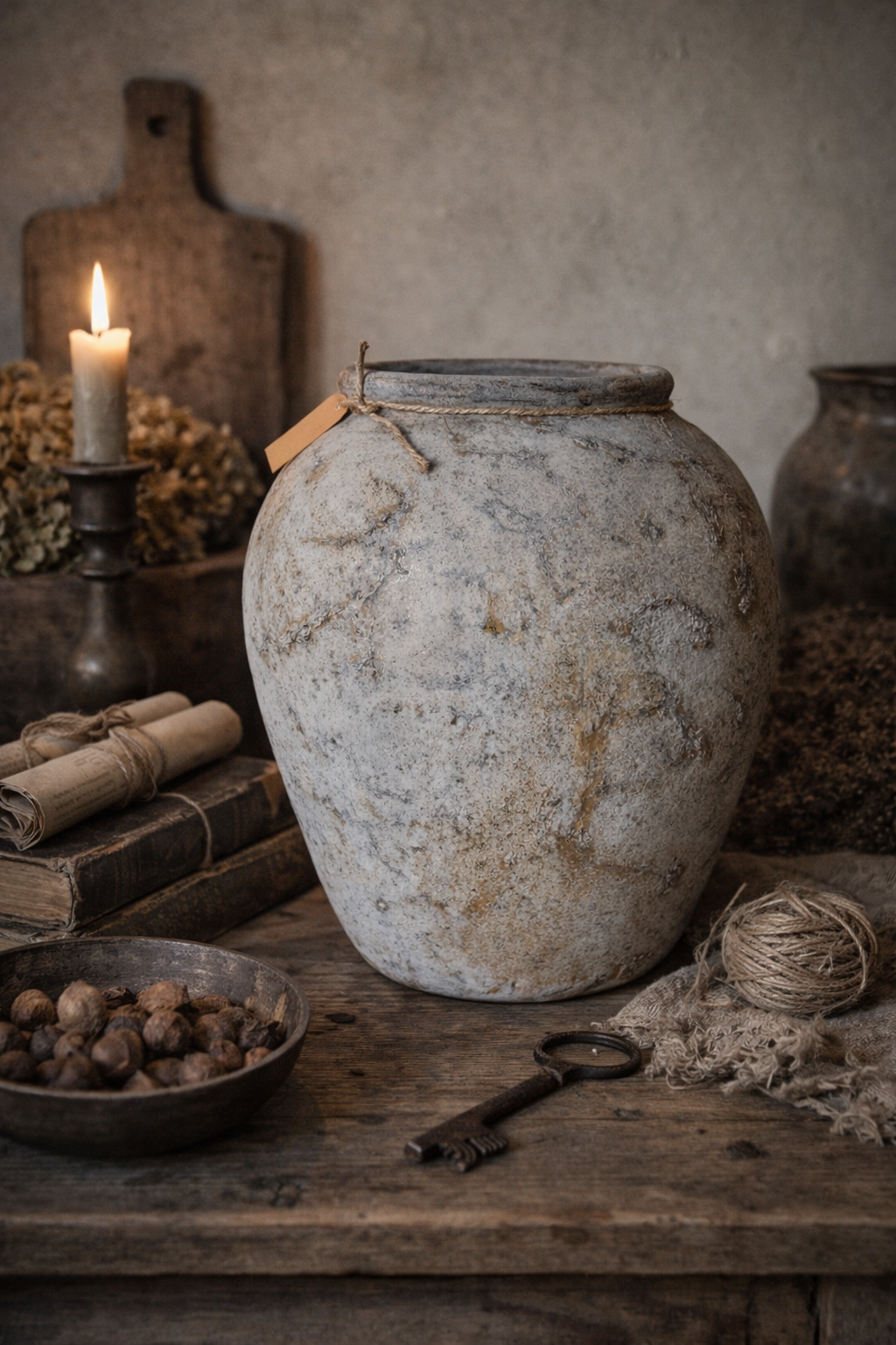 Grote ovale lichtgrijze vaas met bruine vlekken