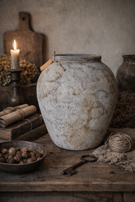 Grote ovale lichtgrijze vaas met bruine vlekken