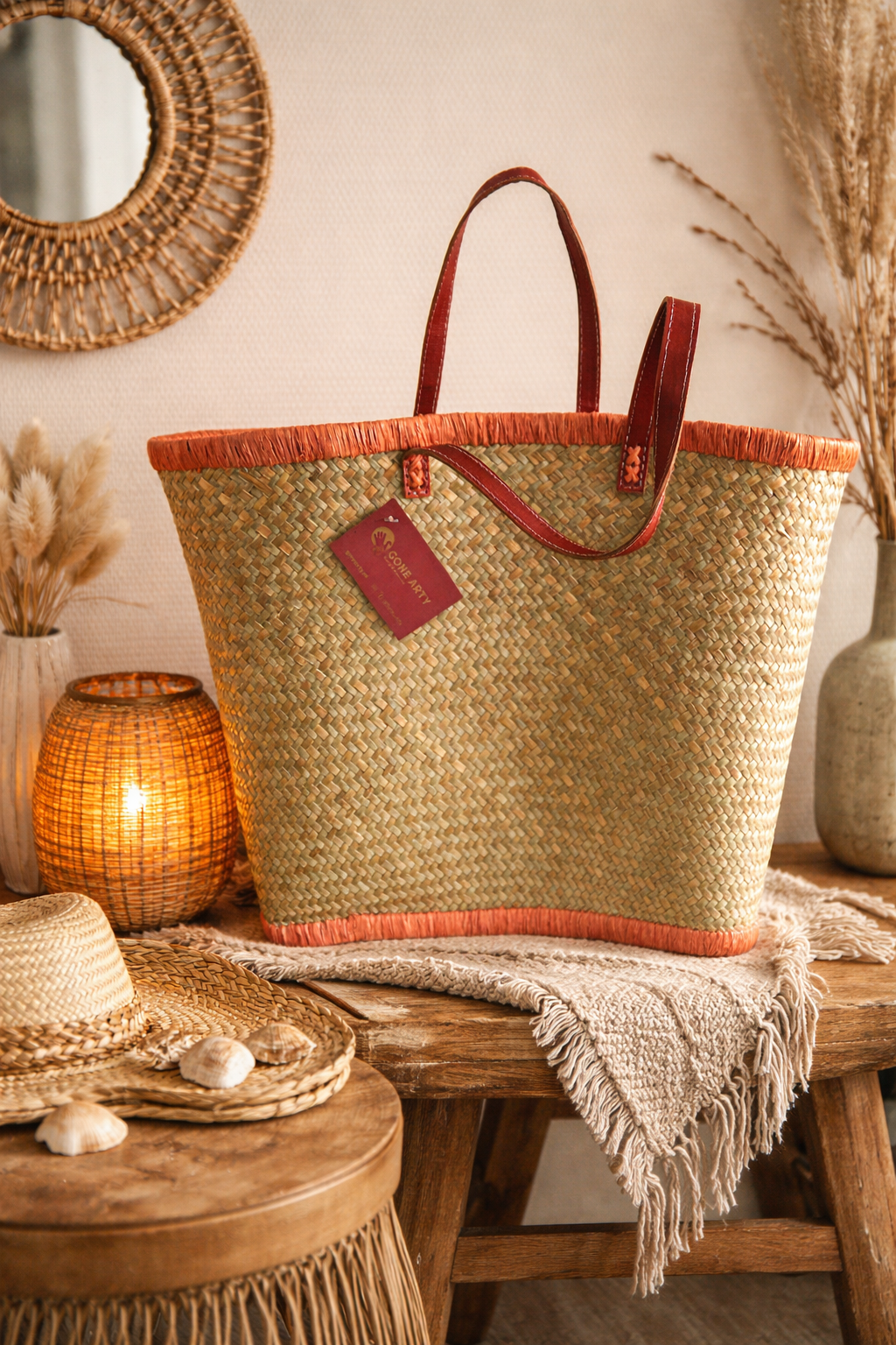 Boho Strand- & Boodschappenmand – Natuurlijk, Stijlvol & Praktisch oranje