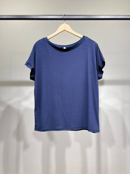Comfortabel T-shirt met Korte Mouwen Satijn Effect Dubbele Halslijn