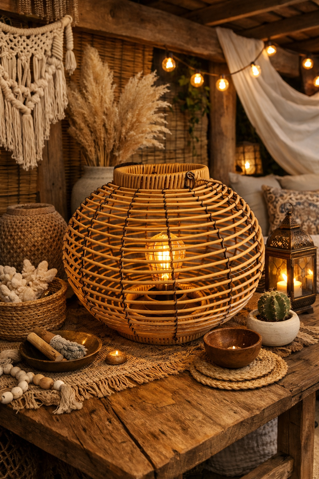 Boho Rotan Lamp op Batterijen – Bolvormige Sfeermaker 🤎