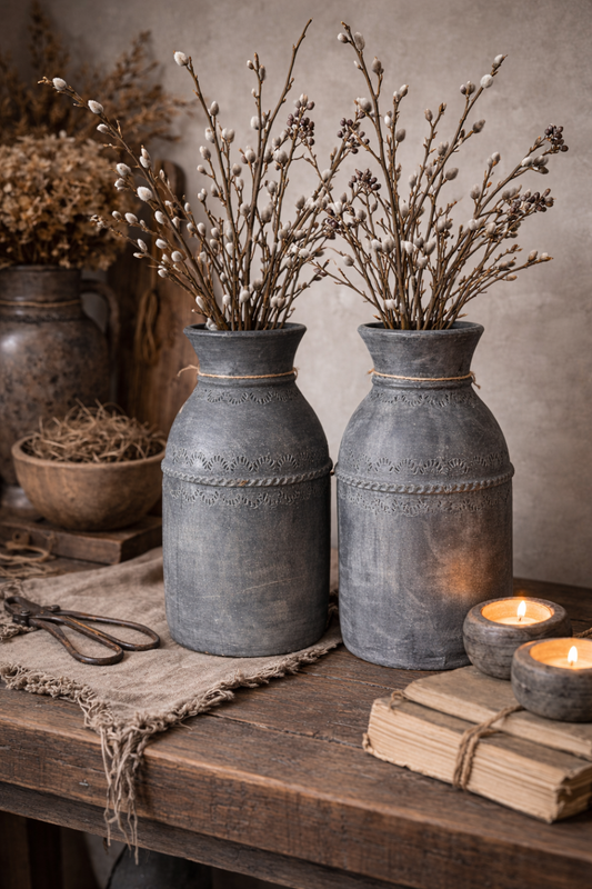 Robuuste donkergrijze vaas – landelijke rust en karakter