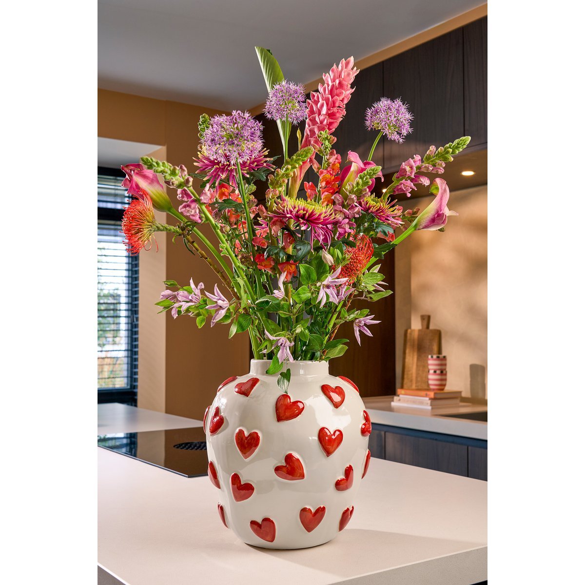 Hearts Vaas - H33 x Ø30 cm - Keramiek - Wit, Rood