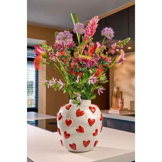 Hearts Vaas - H33 x Ø30 cm - Keramiek - Wit, Rood