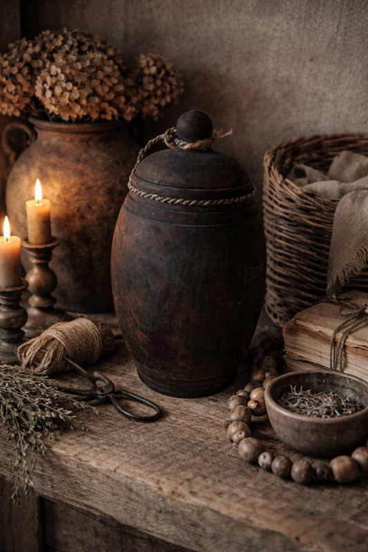 Donkerbruine houten pot met deksel en touw – natuurlijk & sfeervol