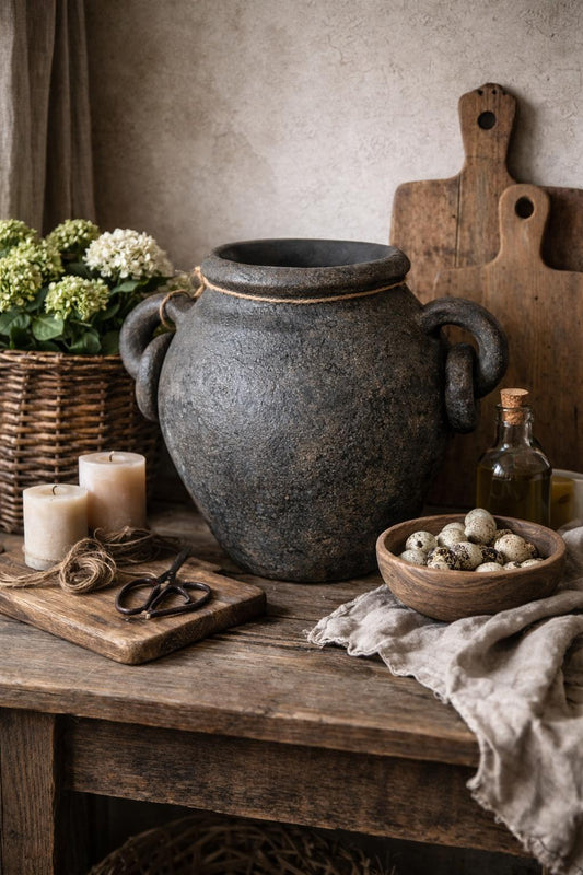 Rustieke donkergrijze vaas met twee oren en ringen