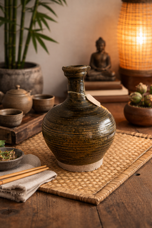 Vaas met Smalle Hals en Tuit – Groen Geglazuurd