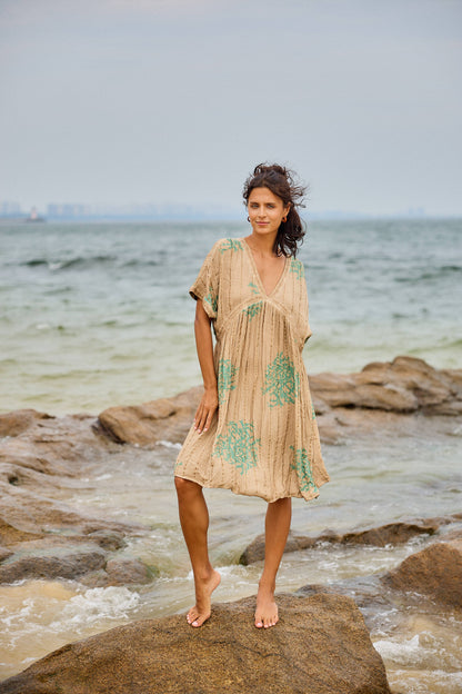 Midi-jurk met Koraalprint & Lurex – Washed Look