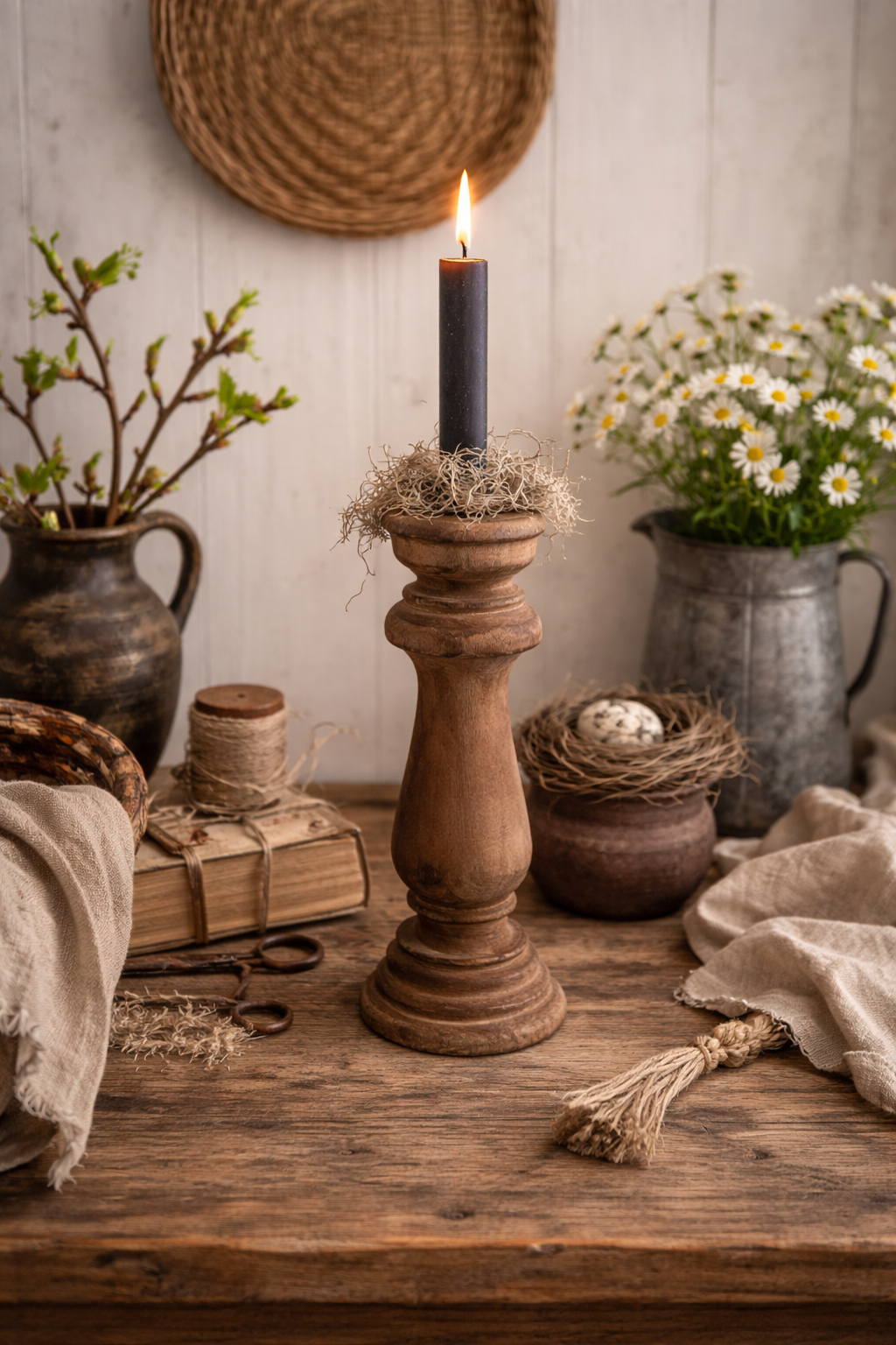 Landelijk & gezellig robuuste houten kaarsenkandelaar