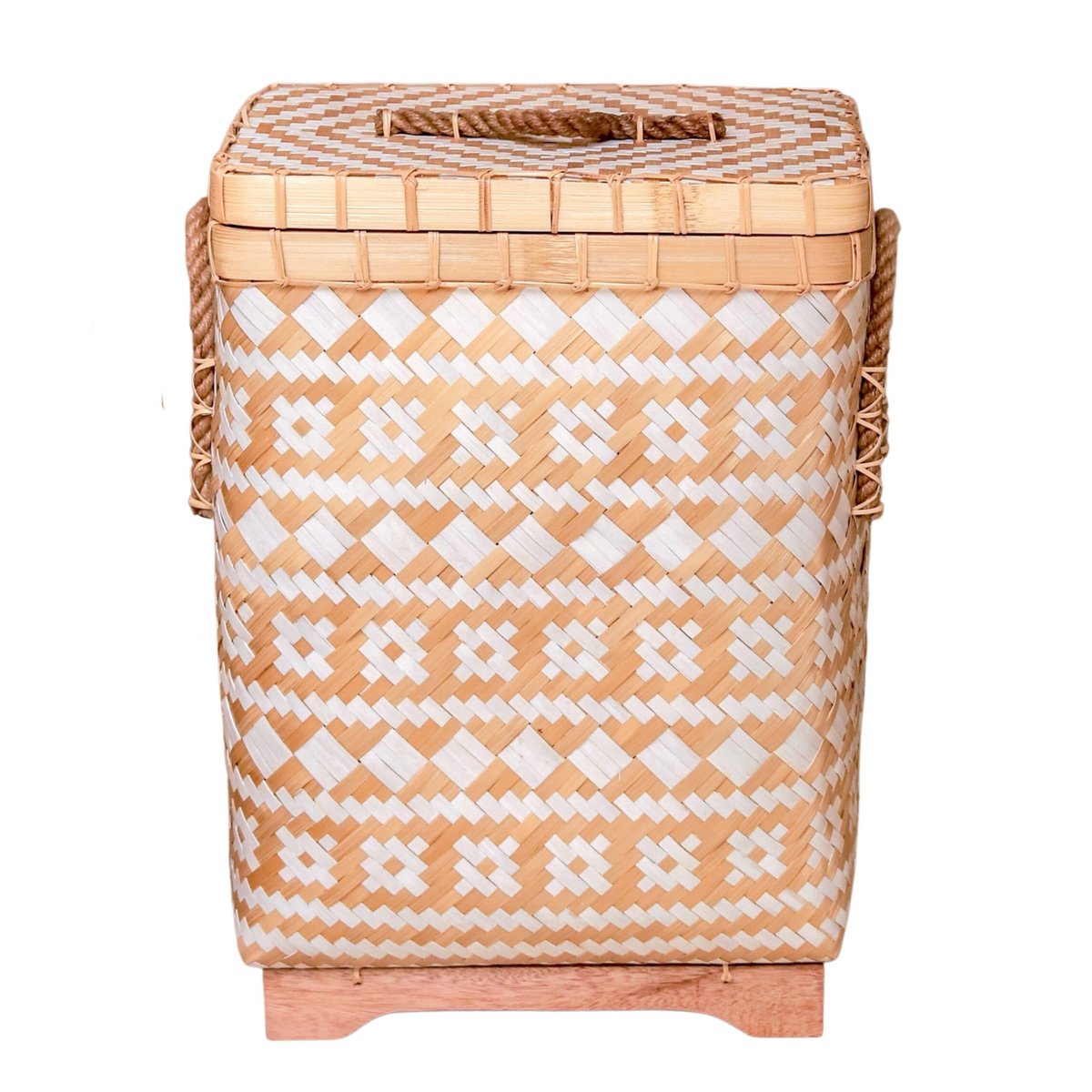 Wasmand met deksel DARI Handgeweven van bamboe met een beige wit zigzag patroon