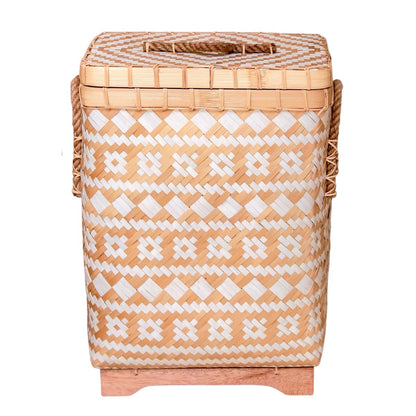 Wasmand met deksel DARI Handgeweven van bamboe met een beige wit zigzag patroon