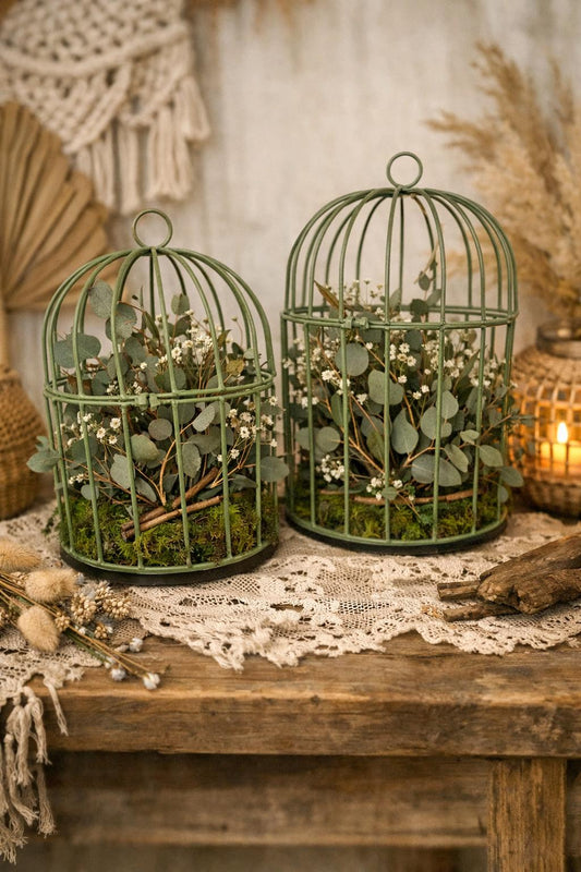 Set van 2 Groene Metalen Vogelkooitjes – Landelijke Decoratie 💚
