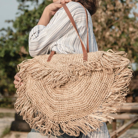 Beige schoudertas met franjes SUMBAWA