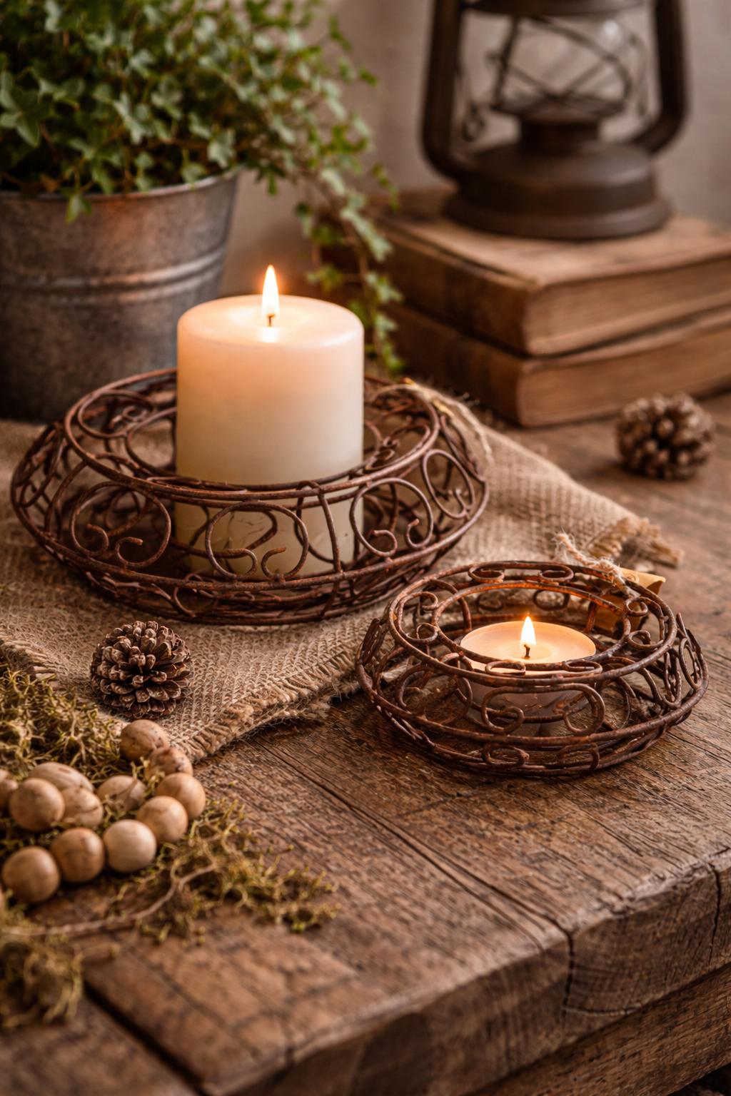 Roestkleurige metalen kaarsenhouders – set