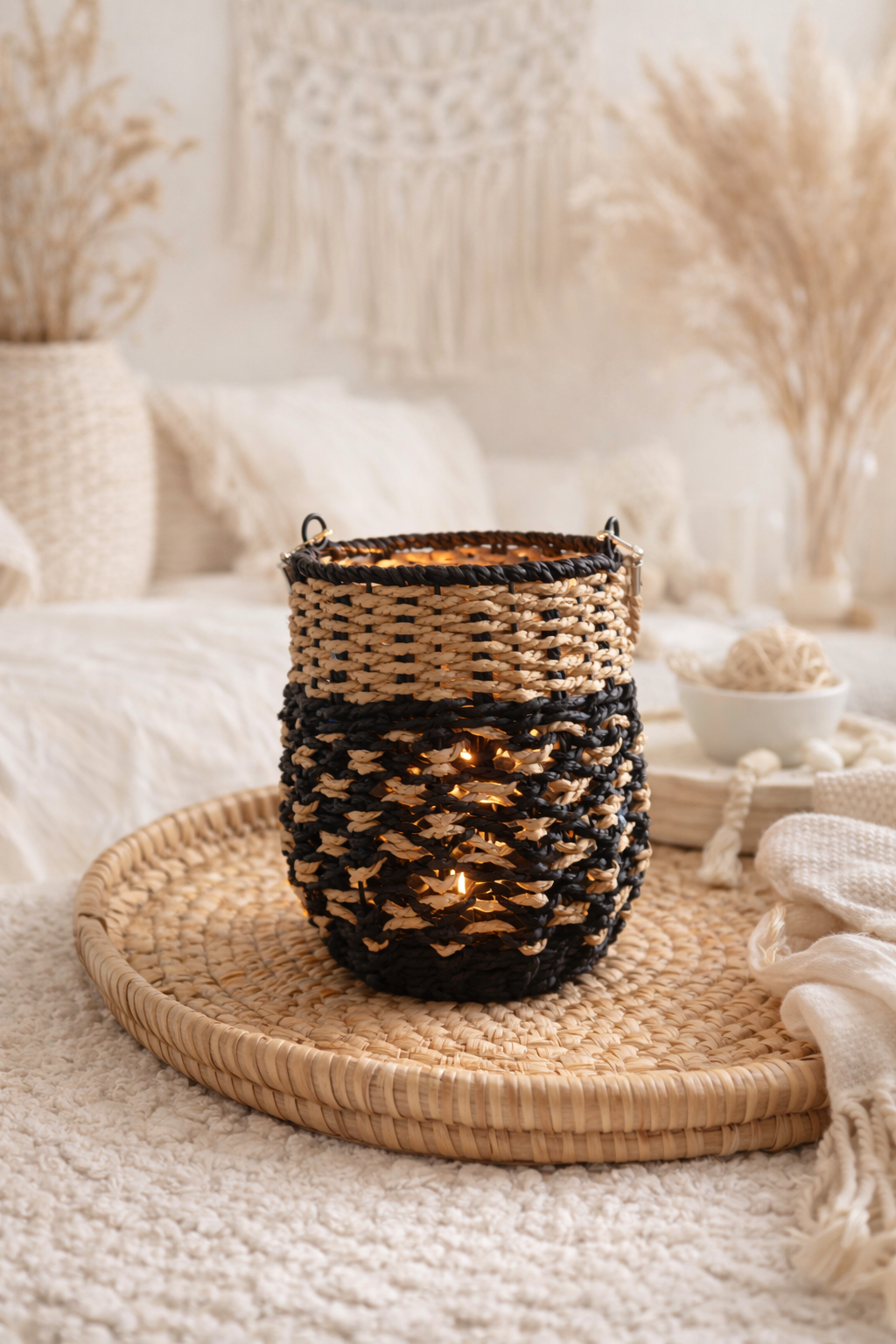 Windlicht Boho Style – Zwart met Naturel Touw