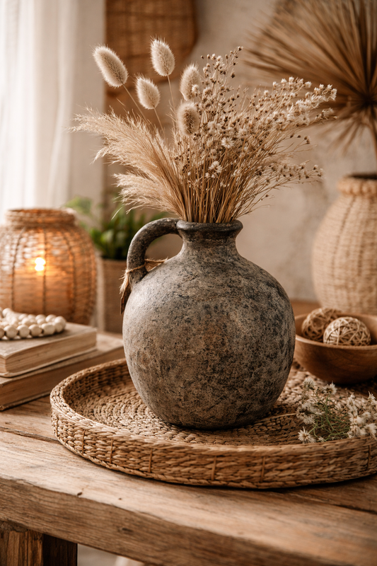 Landelijke Vaas met Oor – Grijs & Beige