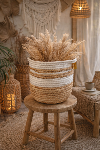 Landelijke mand met witte rand en handvatten