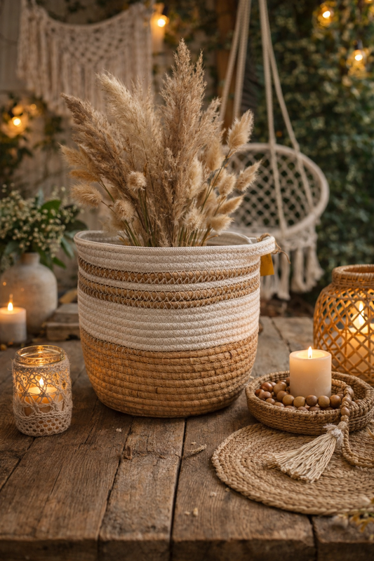 Landelijke mand met witte rand en handvatten