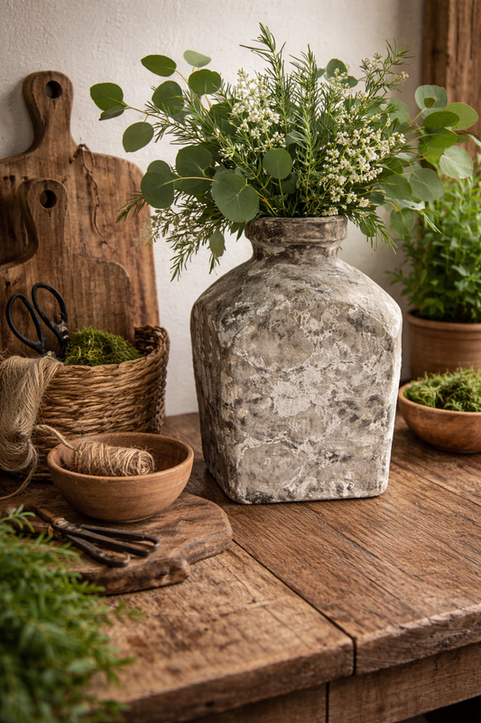 🌿 Beige-groene vaas in landelijke stijl L