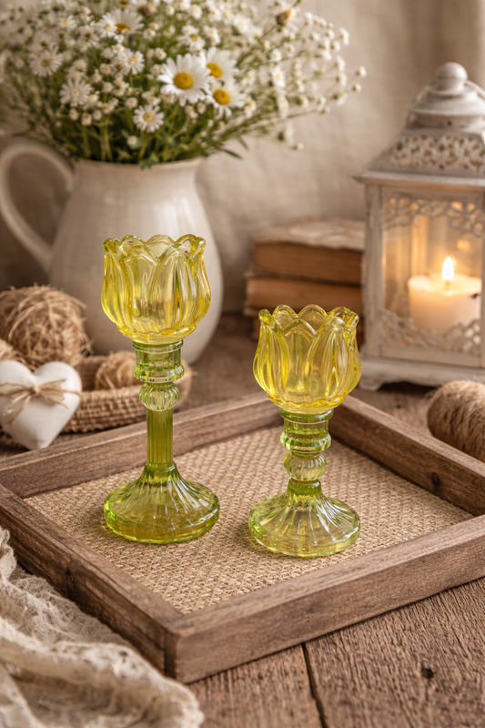 Gekleurde set glazen waxinelichthouders geel