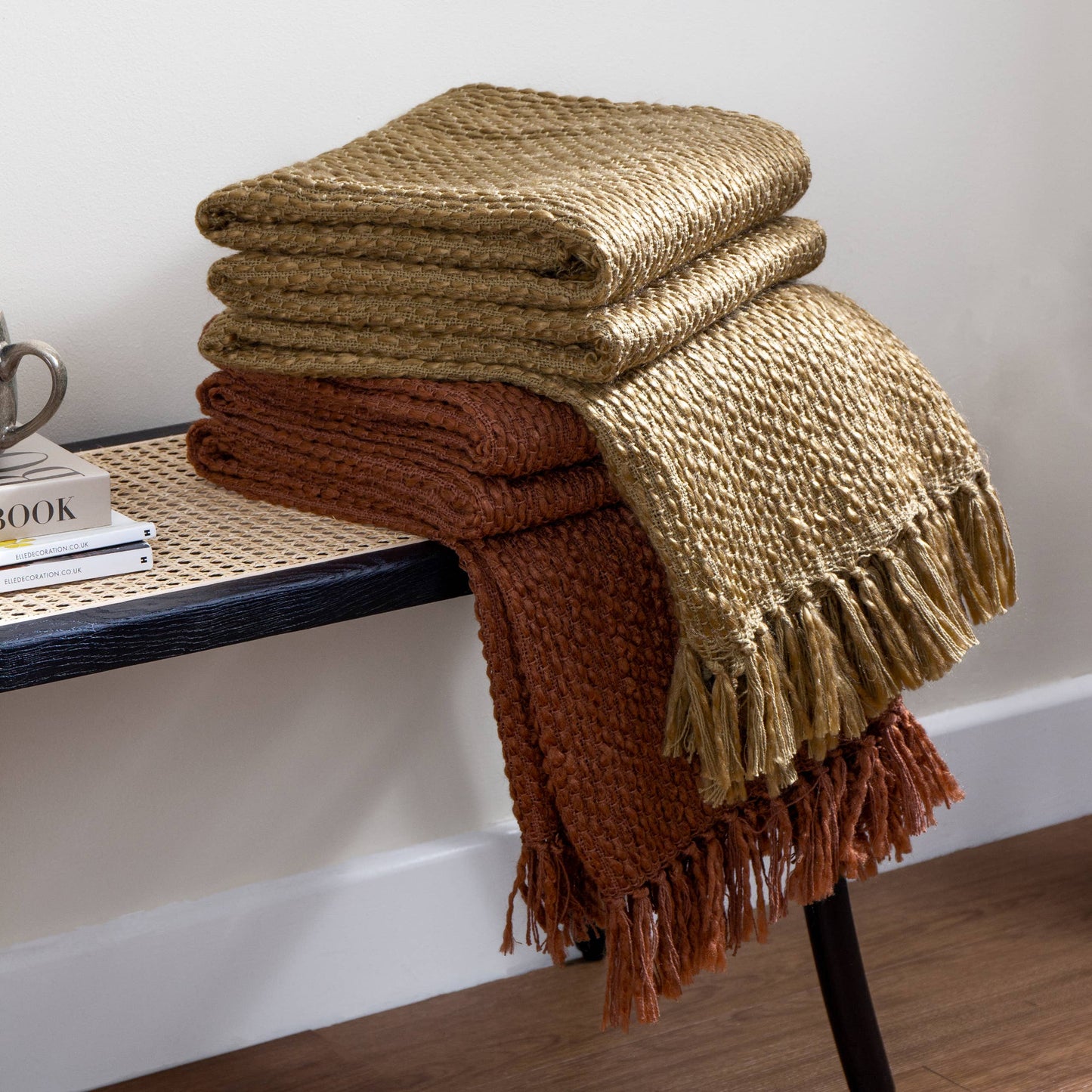 Morni geweven plaid met franjes, olijfgroen