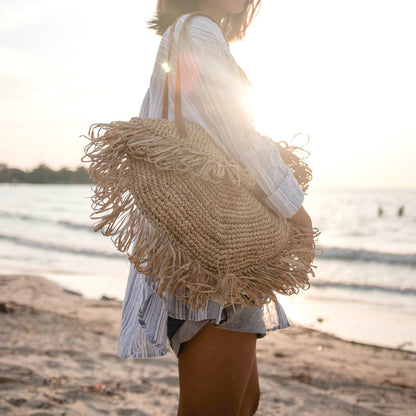 Beige schoudertas met franjes SUMBAWA