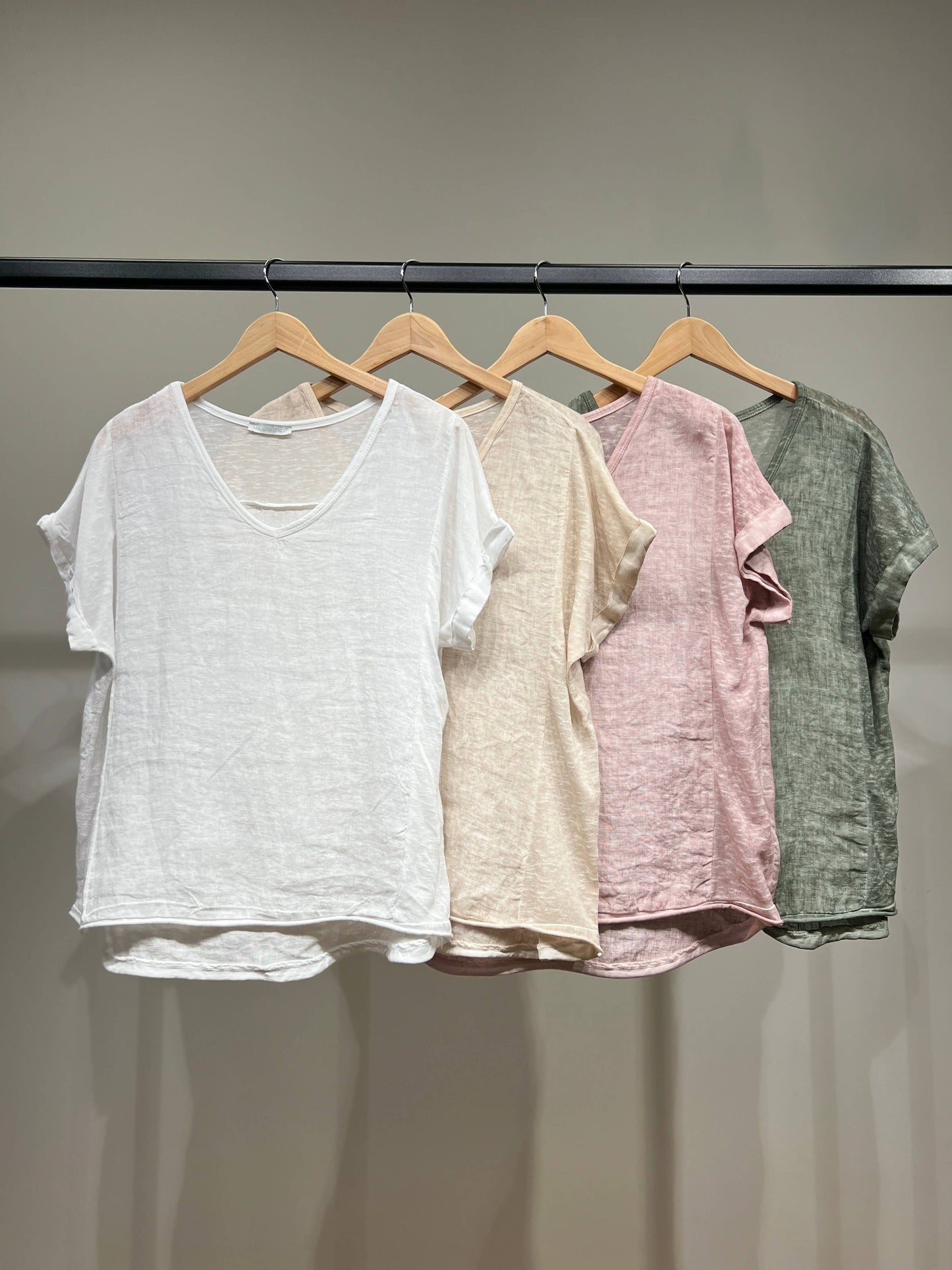 Trendy T-shirt met Korte Mouwen en Gemêleerde Zoom 100% Linnen