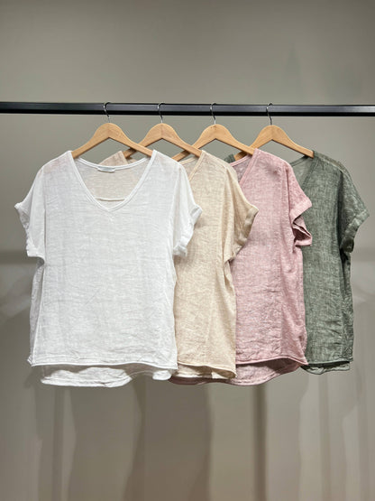 Trendy T-shirt met Korte Mouwen en Gemêleerde Zoom 100% Linnen