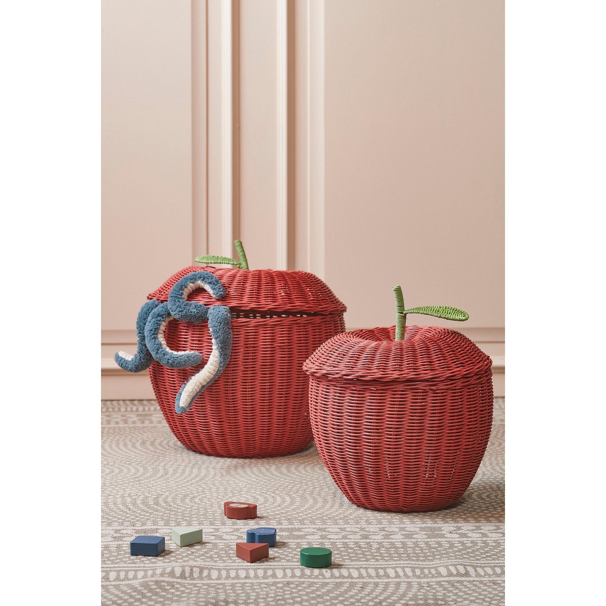Opbergmand met Deksel - Set van 2 - H48 x Ø30 cm - Rotan - Rood