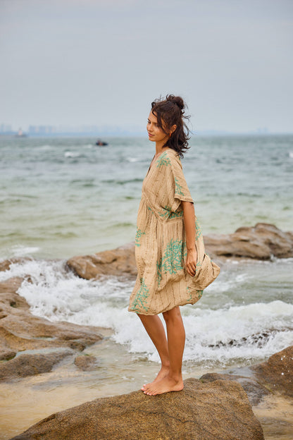 Midi-jurk met Koraalprint & Lurex – Washed Look