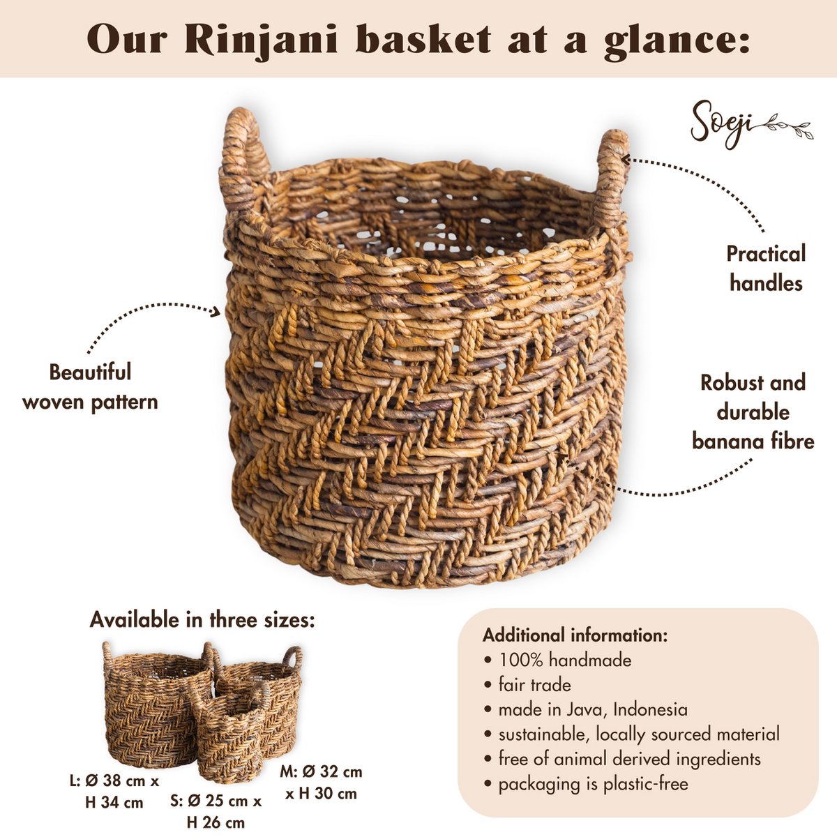 Boho rond geweven opslagmand (3 maten Ø 25/32/38 cm) Rinjani