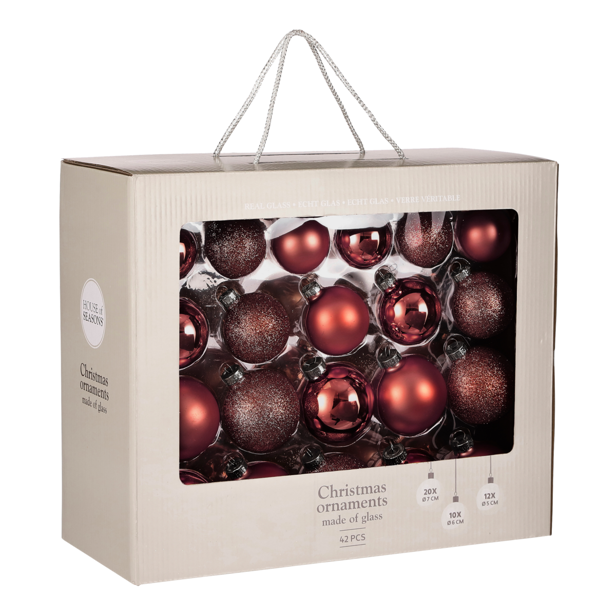 Kerstballen Set - 42 Stuks - Ø7 cm - Glas - Donkerrood