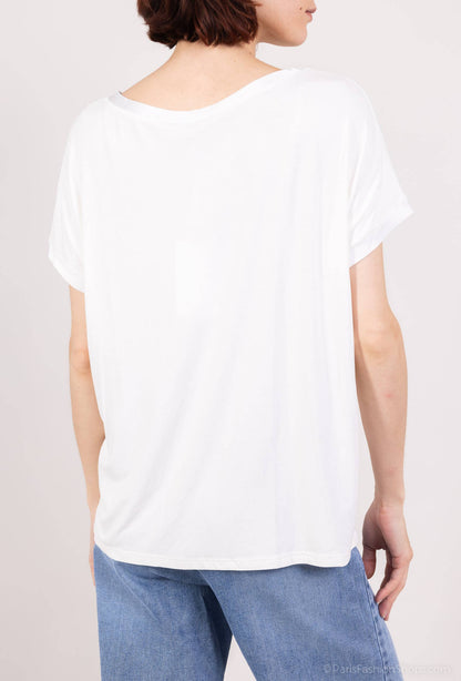 Comfortabel T-shirt met Korte Mouwen Satijn Effect Dubbele Halslijn