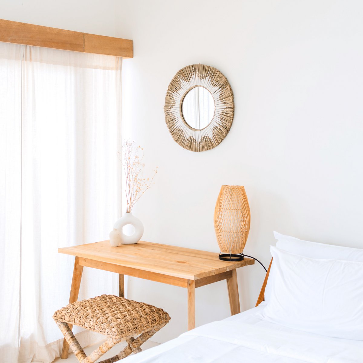 Ronde wandspiegel van zeegras met franjes (Ø 60 cm) RANDU